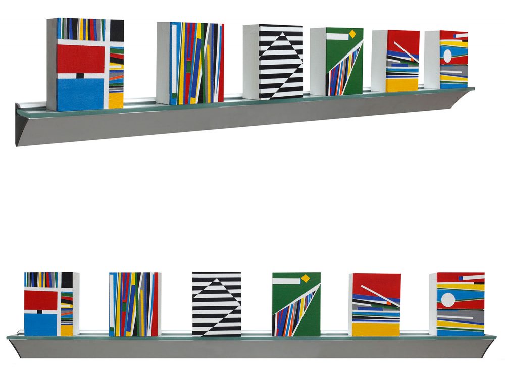 Israel Guevara, Linear Permutations, 2007, Acrylic on wood, 6 x 31.25 x 2.5 inches, Six pieces on glass and aluminum shelf